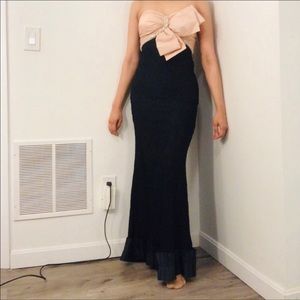 Nicole Bakti black lace strapless bow long evening dress